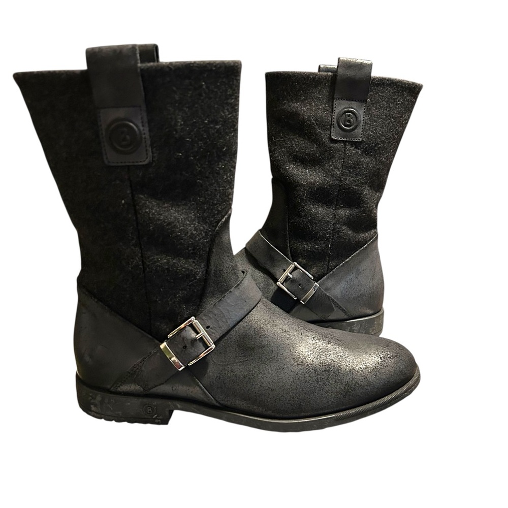 Bogner 39 leather biker winter boot wool side zip fur lined no slip sole outdoor